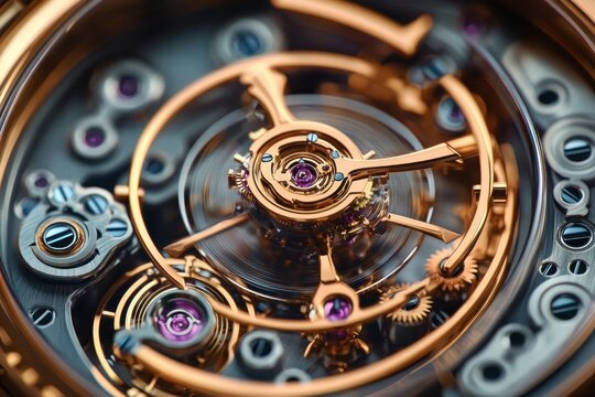 Close-up of intricate watch mechanism with golden gears and purple jewel bearings showcasing precision and craftsmanship - Powered by Adobe