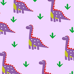 purple brontosaurus dinosaur vector cartoon cute full print fabric seamless pattern design for kids apparel © Rizki