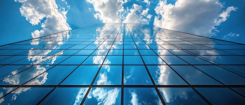 Tall modern glass building reflecting blue sky with scattered white clouds creating a sense of openness and calmness