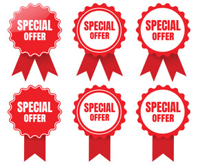 Red Special Offer Badges Collection of Sale and Discount Labels with Ribbon Starburst and Price Tag Vector Illustrations Set