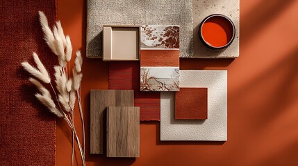 Interior design material samples in warm earthy tones.