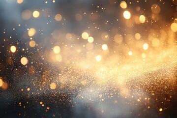 Abstract close-up of glowing golden dust particles and light bokeh floating against a dark background, creating a magical and ethereal atmosphere