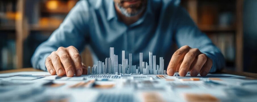 Man examining and interacting with a detailed architectural model of a city skyline on a desk, focused and engaged in urban planning or design work