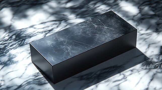 rectangular black marble block with white veins on a marbled surface surrounded by soft natural shadows and light patterns