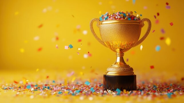 Golden trophy cup surrounded by vibrant colorful confetti on a bright yellow background celebrating victory and achievement