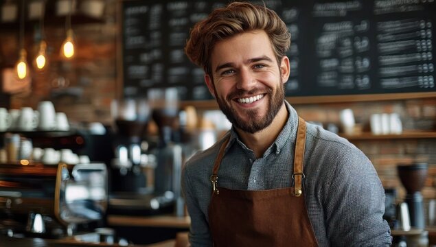 Smiling young male barista with beard wearing apron standing in cozy coffee shop interior with blurred background of coffee equipment and menu board