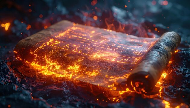 Ancient parchment scroll, illuminated with glowing orange light and cryptic symbols, rests upon a dark, textured surface resembling volcanic rock, evoking a sense of mystery, fantasy, and...