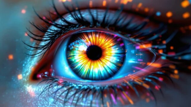 Colorful abstract representation of a human eye with vibrant digital effects surrounding it creating a mesmerizing visual experience 4k video footage