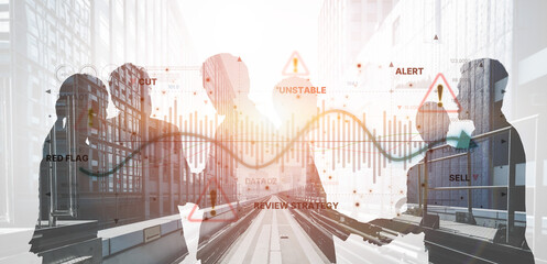 Economic caution visual showing risk alerts and financial volatility. Warning signs highlight...