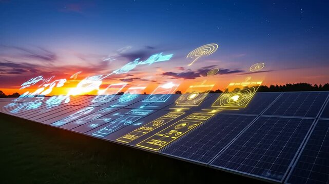 Solar panel array with futuristic energy flow graphics at dusk, under colorful sky