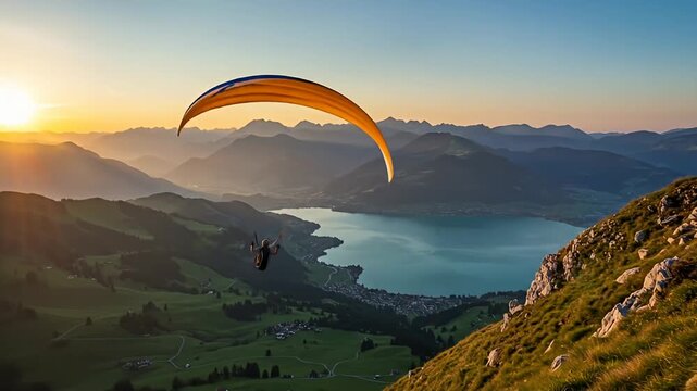 Paraglider soars over the landscape with mountains, lake, and valley at sunset