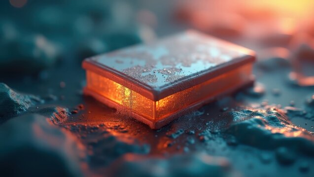 Glowing rectangular object with translucent orange interior is centered, positioned against a rough, textured, and teal-colored surface, reflecting warm light, and creating an abstract, moody, and...