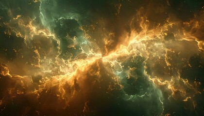 Vibrant, swirling cosmic clouds of shimmering energy and light create an ethereal and visually stunning abstract landscape, filled with dynamic patterns and textures in a captivating celestial...