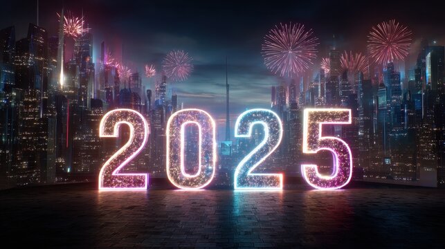 Vibrant Neon 2025 Text Illuminates Futuristic Cityscape with Fireworks Display.