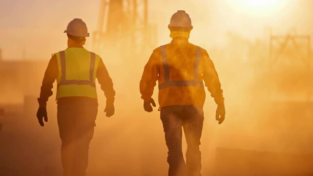 Construction worker safety at sunset dust silhouette with hardhat and vest industrial teamwork on roadwork site in warm glow and gritty orange light