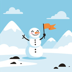 Smiling snowman with carrot nose and orange flag stands in snowy mountain landscape under bright sky.