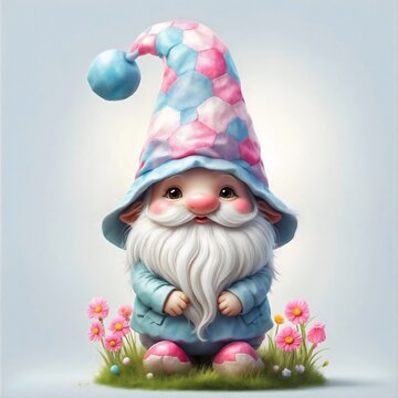 A whimsical blue garden gnome stands proudly amidst vibrant blossoms, its rosy cheeks and cheerful demeanor exuding an air of enchantment, isolated on plain background