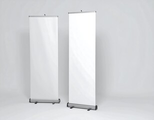 Two blank roll-up banners on a light gray background
