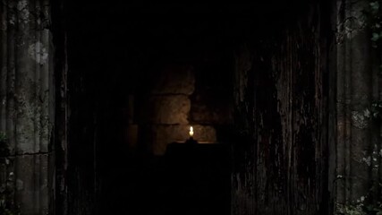 Halloween Special Mysterious temple passage: A dim and atmospheric shot of ancient temple ruins, highlighting weathered stone and the quiet aura of historical mystery.