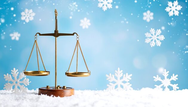A golden scale sits on snowy ground against a blurred, light blue backdrop with white snowflake cutouts. It evokes themes of justice and the holiday season