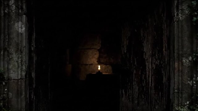 Halloween Special Mysterious temple passage: A dim and atmospheric shot of ancient temple ruins, highlighting weathered stone and the quiet aura of historical mystery.