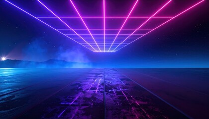 Stunning digital landscape featuring a glowing neon grid, reminiscent of a retro-futuristic scene, spanning across a vibrant, colorful environment that evokes a sense of the digital realm and an...