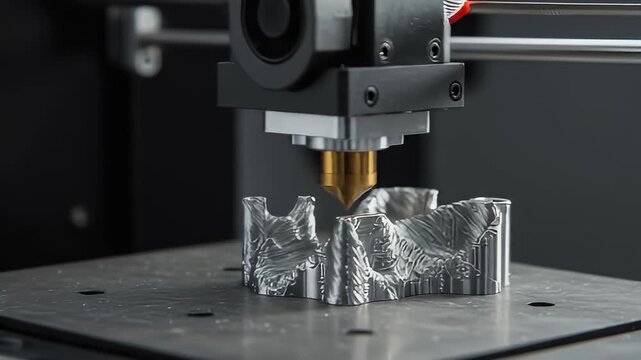 3D printer nozzle over a sculpted grey object printing on a metallic table