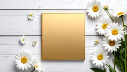 A golden square sits centered on white wooden planks. Daisies with white petals and yellow centers frame the scene, adding a touch of nature