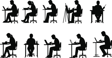 People working at desk silhouette collection, using laptop and tablet, studying, writing, drawing, education, creativity and productivity concept