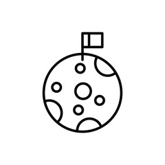 A circular black and white icon of the moon with craters and a flag planted on top