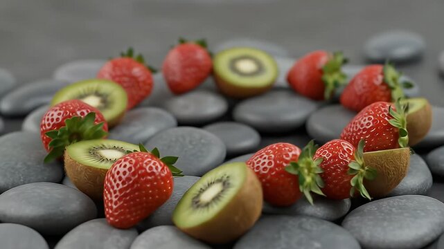 Sliced kiwis and strawberries arranged on smooth, gray stones in a circular pattern