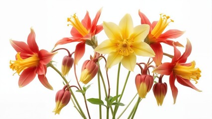 Fototapeta premium Delicate yellow and red flowers of wild columbine isolated on white background