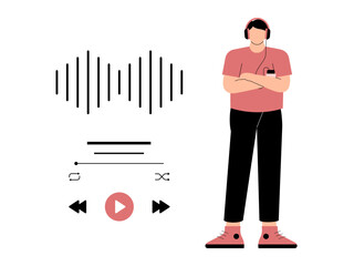 Man listens to online music. Music Player illustration. Flat vector illustration.