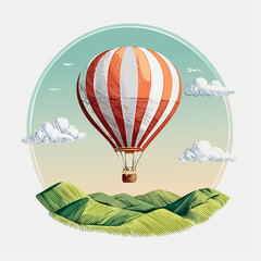 Obraz premium Hot air balloon over green hills with transparent background
