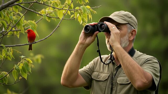 Birder with binoculars observes a scarlet tanager perched on a tree branch