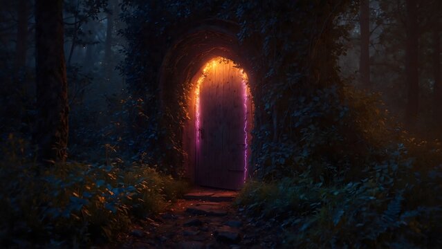 A mystical portal glowing mysteriously amidst a shadowy woodland. beckoning viewers toward untold possibilities. The scene's surreal and evocative quality, captured in photorealistic detail.