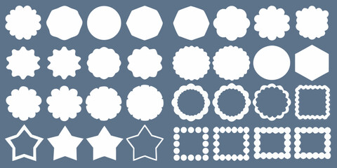 Collection of white decorative geometric shapes and frames on a blue background