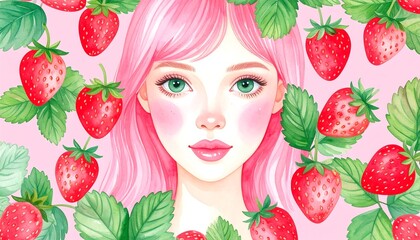 A digital watercolor illustration of a woman with pink hair surrounded by lush strawberries and foliage, set against a pastel pink background