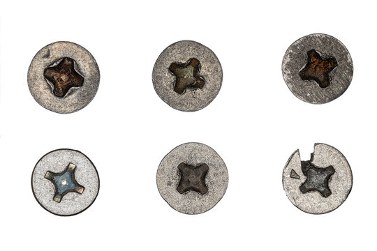 Used screw and bolt heads with signs of wear, scratches, dents, rust spots. Close-up view. Isolated on transparent background. Set 2.