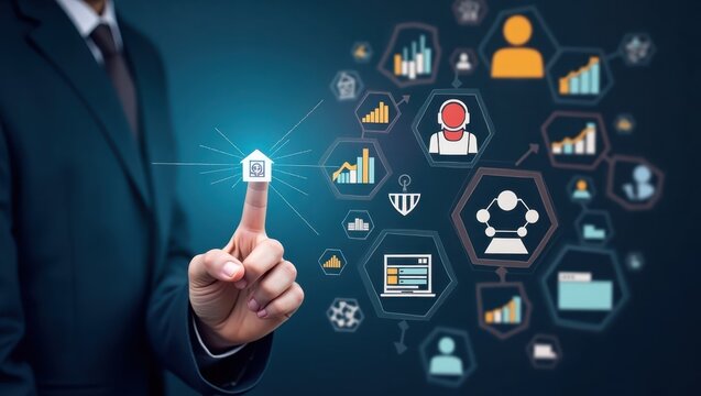 Person in a suit interacts with data icons, indicating data processing and online connections against a dark background, with focus on a finger touching a home icon in the center of the frame,...