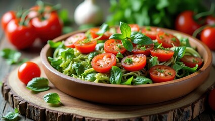 Delightful arrangement showcases a fresh pasta salad with vibrant red cherry tomatoes, green basil leaves, and a light, refreshing pesto.