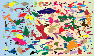 Background illustration of scattered multi-colored scraps of paper.