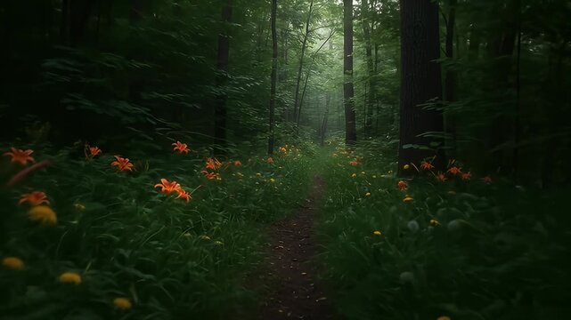 Forest path lined with wildflowers, leading deeper into the dense, green woods