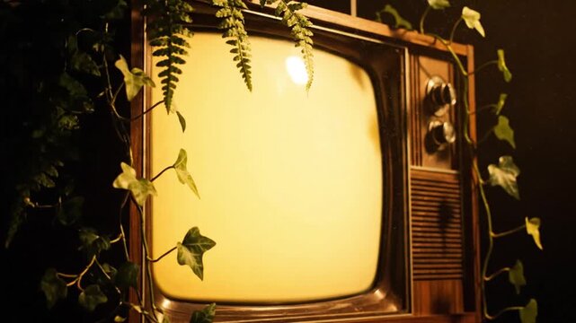 Vintage Television with Plants &ndash; Symbol of Communication and Growth on World Television Day