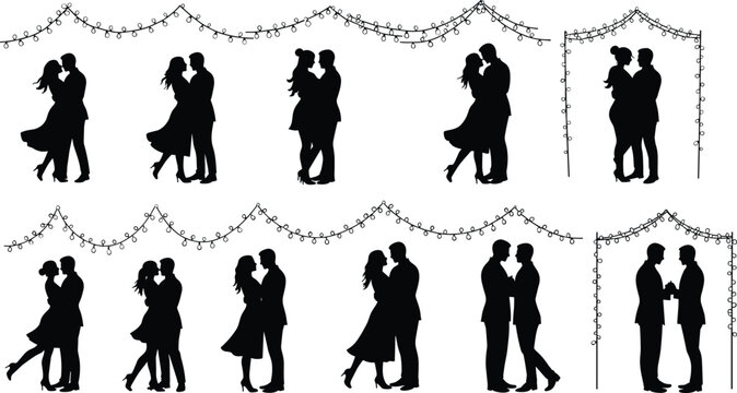 Romantic couple silhouette under wedding lights, love and relationship illustration, elegant kiss and dance poses for valentine celebration 