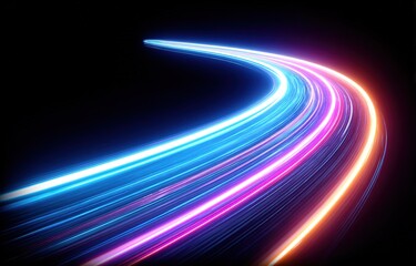 Abstract colorful light trails, dynamic speed lines on black background, energetic motion for corporate presentation, website header, media background asset