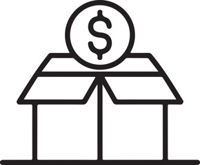 Open cardboard box with dollar coin on top icon