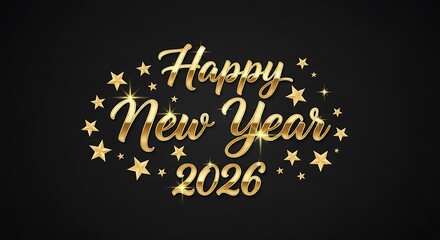Happy New Year 2026 golden glitter text with stars on a black background.