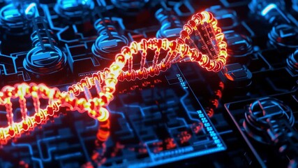 DNA helix neon circuit technology biotech science digital glow intertwines across futuristic microchip and lab, vivid genetic spiral shines with - Powered by Adobe