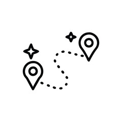 Blackandwhite illustration depicts two location markers A dotted line connects them Each has a star